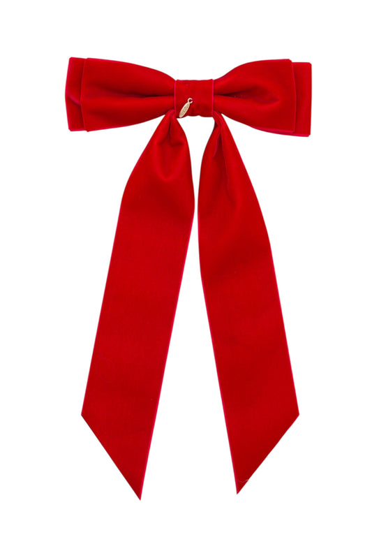 Madeline Velvet Long Tail Bow Clip - Red (Handmade in the USA!)