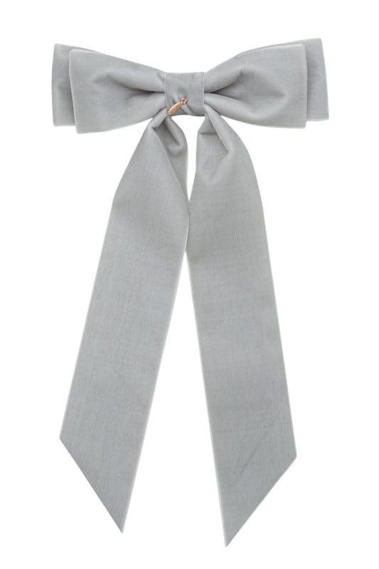 Madeline Velvet Long Tail Bow Clip - Light Grey (Handmade in the USA!)