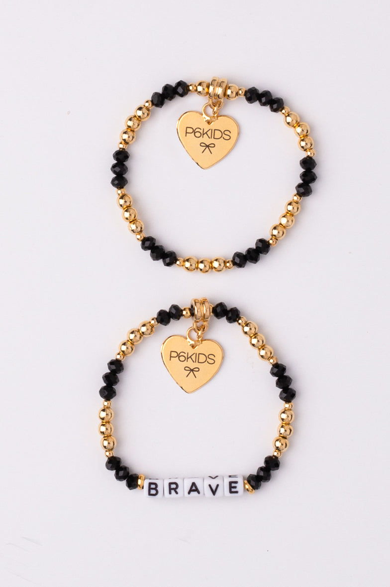 Power Mantra Bracelet Set - Black/Gold - "BRAVE"
